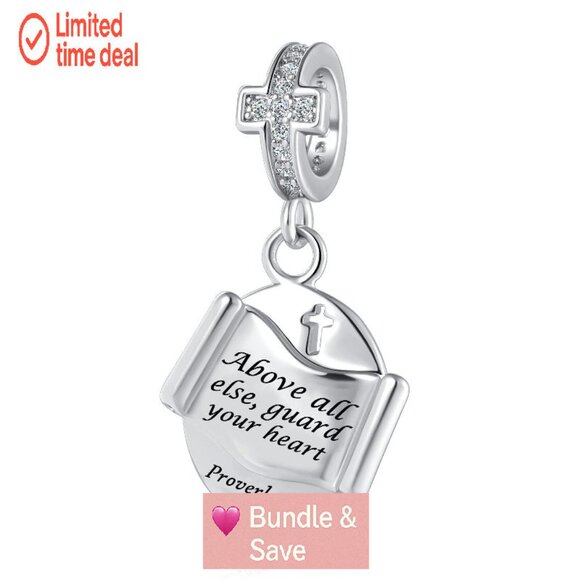 Christian Bible Charm Bead for Pandora Bracelets, Copper Religious Jewelry - Picture 1 of 8